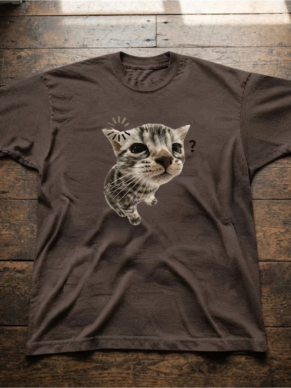 Confused Cat Graphic Tee Gildan Brown Cotton Cute Meme T-Shirt